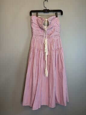 Rose Velvet Pink White Stripe Strapless Midi Dress Keyhole Tassel Tie M NEW